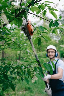 selective focus of smiling gardener in helmet and hearing protectors trimming trees with telescopic pole saw and looking at camera clipart
