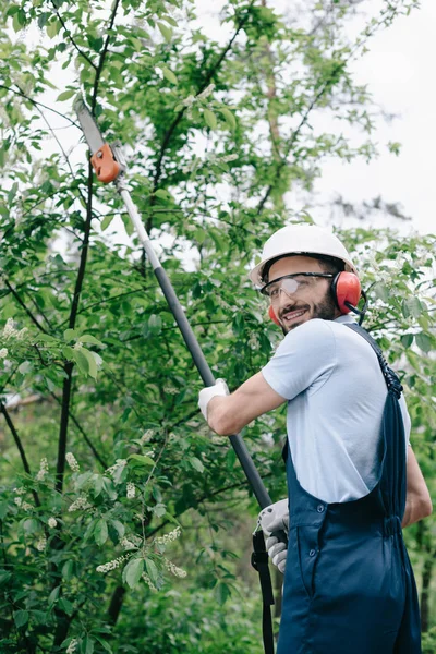 Mosolygós Kertész Sisak Asztalosipari Fák Teleszkópos Pole Látott Néztem Kamera — Stock Fotó