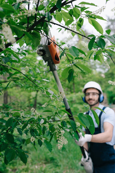 selective focus of smiling gardener in helmet and hearing protectors trimming trees with telescopic pole saw and looking at camera