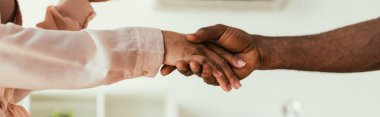 afro-amerikan handyman, panoramik çekim ile el sıkışma afrikalı Amerikalı kadın kırpılmış görünümü 