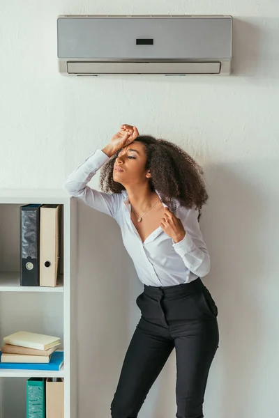 Exhausted African American Businesswoman Holding Hand Head While Standing Air — Stock Photo, Image