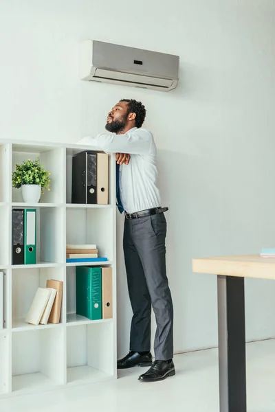 Pensive African American Businessman Standing Air Conditioner Looking Away Office — Stock Photo, Image
