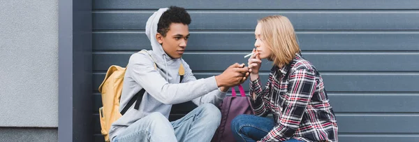 Panoramic Shot African American Boy Lighting Cigarette Blonde Teen — Stock Photo, Image