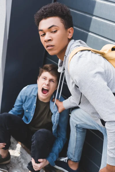 Selective Focus African American Boy Hoodie Jeans Bulling Screaming Scared — Stock Photo, Image