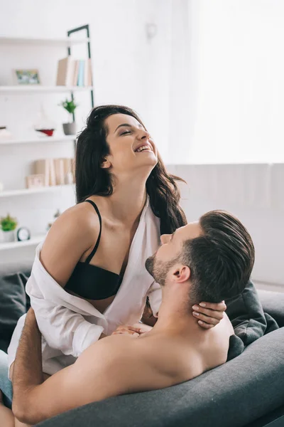 Shirtless Handsome Man Hugging Brunette Smiling Woman Bra — Stock Photo, Image