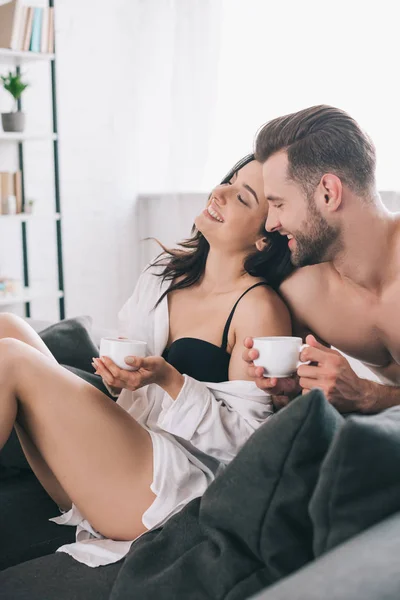 Handsome Man Attractive Woman Bra Holding Cups Smiling — Stock Photo, Image