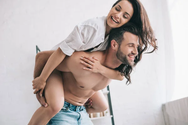Handsome Man Jeans Smiling Woman Closed Eyes Shirt Playing — Stock Photo, Image