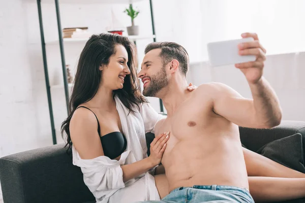 Handsome Man Sexy Woman Shirt Bra Looking Each Other Taking — Stock Photo, Image