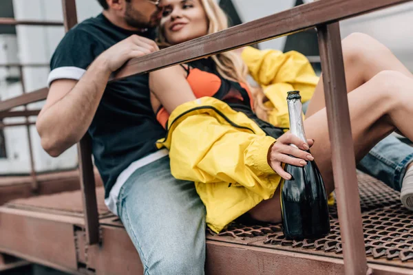 Cropped View Man Jeans Kissing Woman Yellow Jacket — Stock Photo, Image