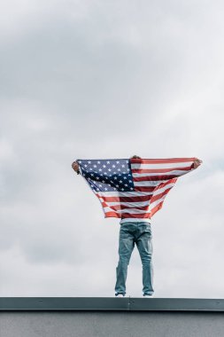 çatı üzerinde Amerikan bayrağı tutan kot adam arka görünümü 