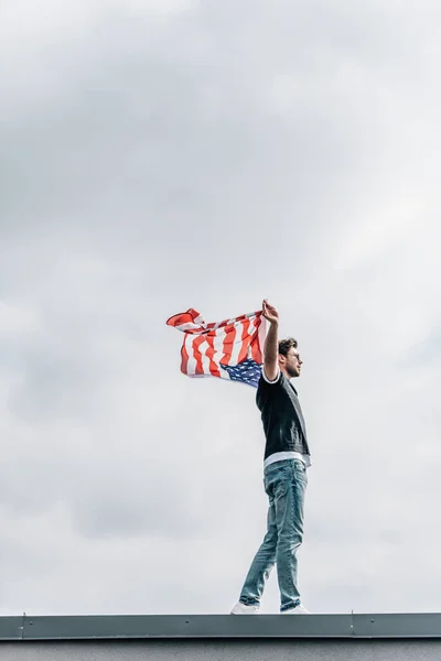 Side View Handsome Man Jeans Shirt Holding American Flag — Stock Photo, Image