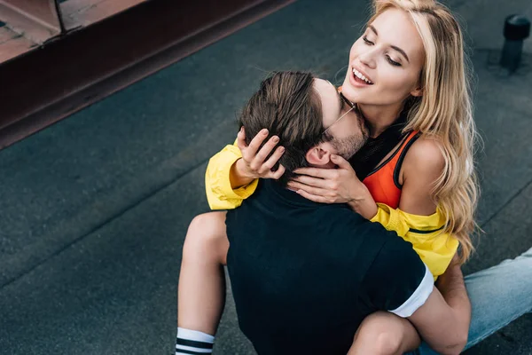 Attractive Woman Sitting Man Hugging Him — Stock Photo, Image