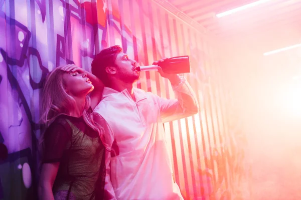 Attractive Blonde Woman Closed Eyes Handsome Man Drinking Champagne — Stock Photo, Image