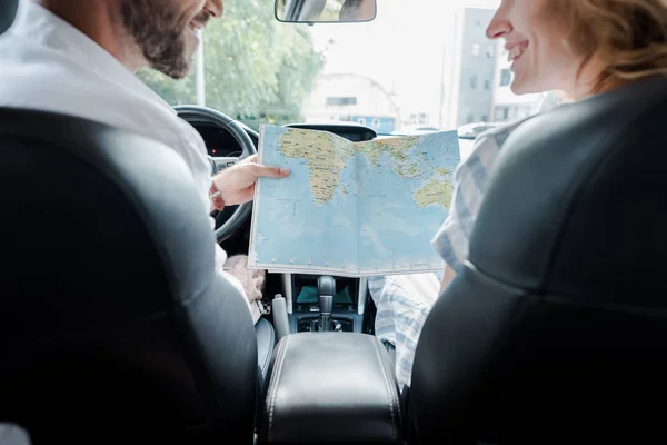 Cropped View Happy Man Woman Holding Map Car — Stock Photo, Image