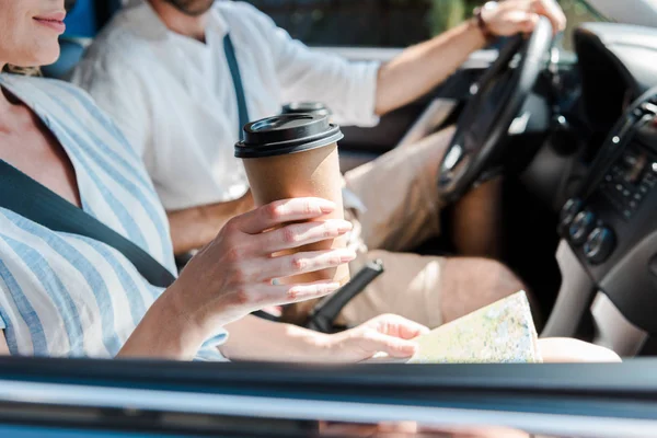 Cropped View Woman Sitting Car Holding Paper Cup Driver — Stock Photo, Image