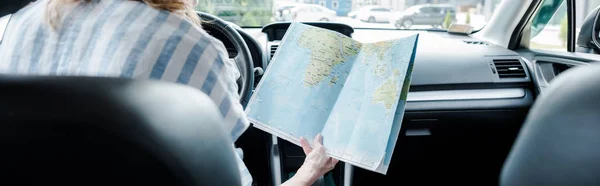 Panoramic Shot Woman Holding Map While Sitting Car — Stock Photo, Image