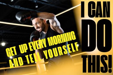 low angle view of bearded and strong man boxing in gym with get up every morning and tell yourself you can do this illustration clipart