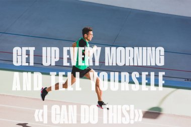 full length view of mixed race sportsman running at stadium with get up every morning and tell yourself i can do this illustration clipart