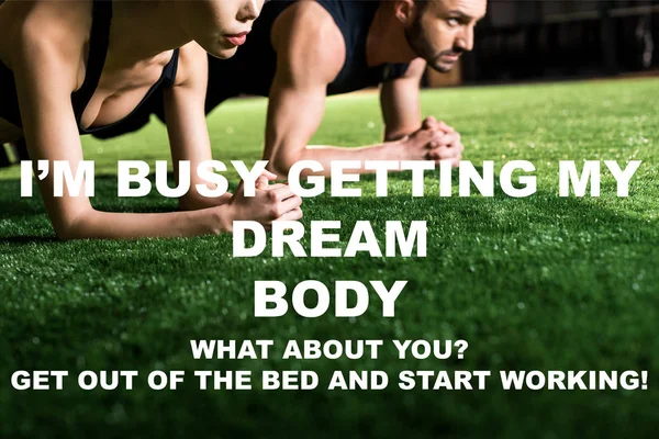 cropped view of woman doing plank exercise with handsome man on grass with i am busy getting my dream body illustration