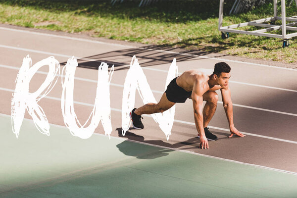 mixed race sportsman preparing to run at stadium with run illustration