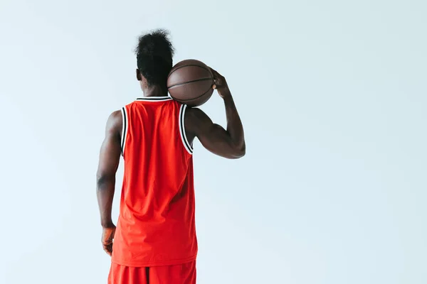 Back View African American Basketball Player Red Sportswear Holding Ball — Stock Photo, Image