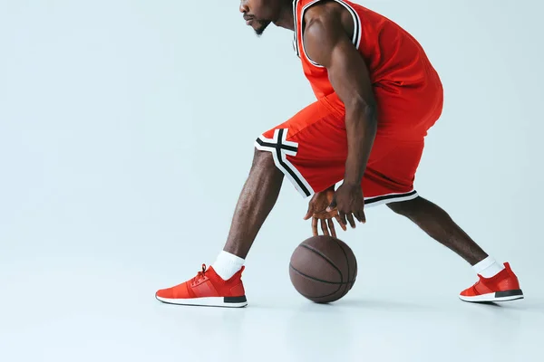 Cropped View African American Sportsman Red Sportswear Playing Basketball Grey — Stock Photo, Image