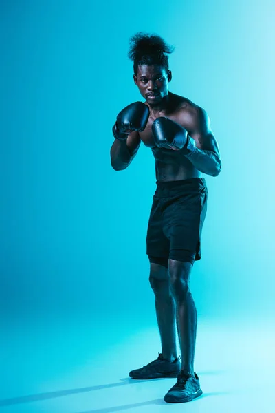青い背景にカメラを見て筋肉の胴体を持つシャツのないアフリカ系アメリカ人ボクサー — ストック写真