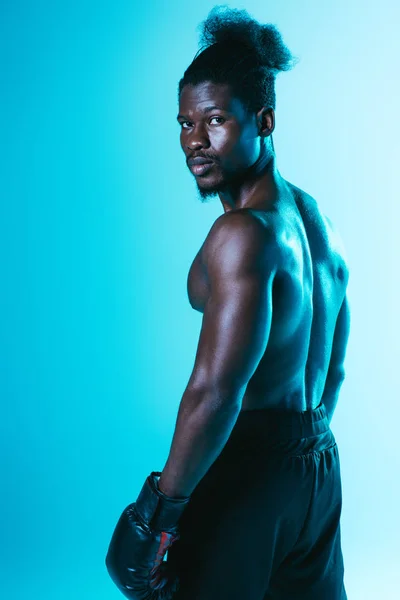 Confident African American Boxer Muscular Torso Looking Camera Blue Background — Stock Photo, Image