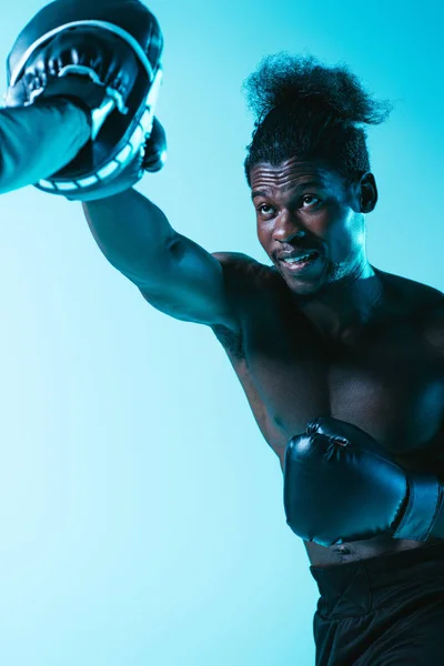 Shirtless African American Boxer Muscular Torso Working Out Trainer Blue — Stock Photo, Image