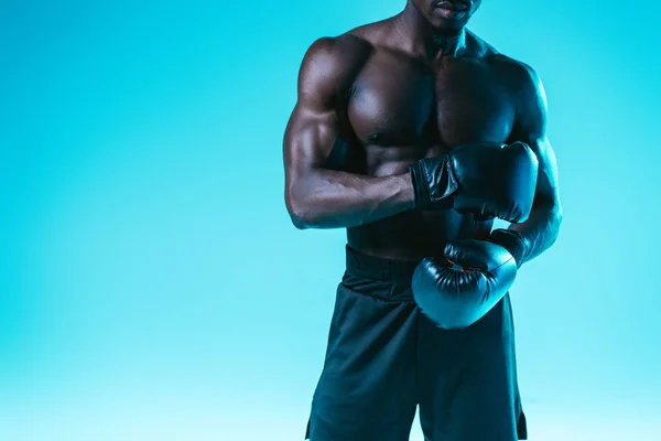 Cropped View African American Boxer Muscular Torso Posing Blue Background — Stock Photo, Image