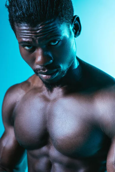Shirtless Muscular African American Sportsman Looking Camera Blue Background — Stock Photo, Image