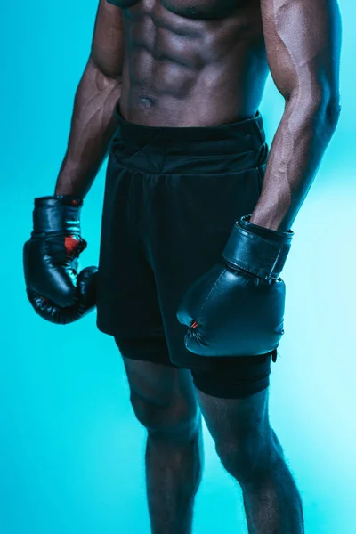 Partial View Muscular African American Sportsman Shorts Boxing Gloves Blue — Stock Photo, Image