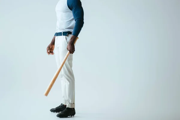 Partial View African American Sportsman Baseball Bat Grey Background — Stock Photo, Image