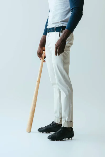 Cropped View African American Sportsman Baseball Bat Grey Background — Stock Photo, Image