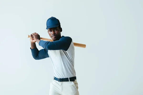 Snygg Afrikansk Amerikansk Sportsman Spelar Baseball Isolerad Grey — Stockfoto