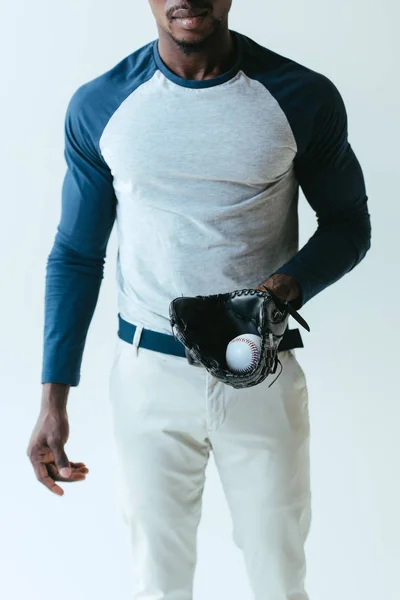 Κομμένη Θέα Του Αφρικανός Αμερικανός Αθλητής Γάντι Του Μπέιζμπολ Και — Φωτογραφία Αρχείου