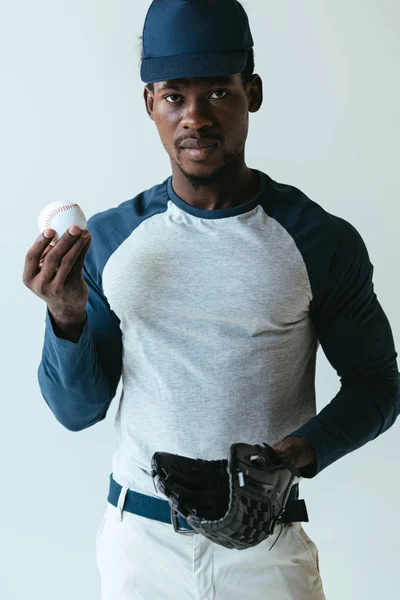 Confident African American Baseball Player Looking Camera While Holding Ball — Stock Photo, Image