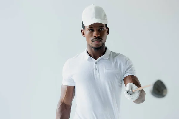 Confident African American Sportsman Presenting Golf Club Isolated Grey — Stock Photo, Image