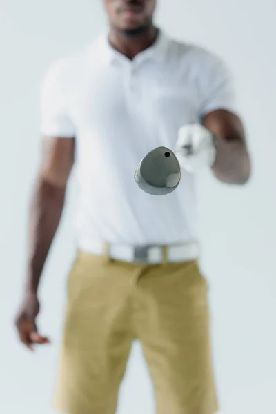 Selective Focus African American Sportsman Showing Golf Club Isolated Grey — Stock Photo, Image