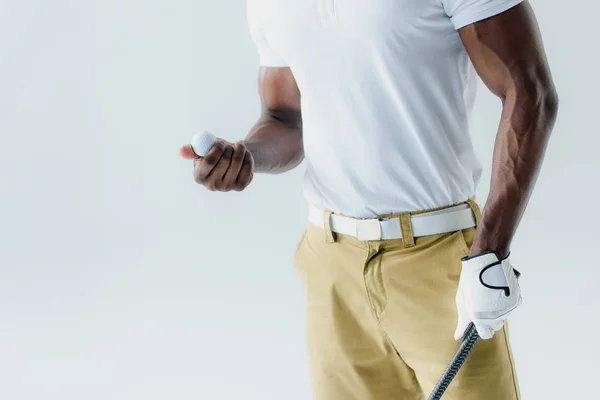 Afrika Amerikan Golf Oyuncusu Gri Üzerinde Izole Topu Tutan Kırpılmış — Stok fotoğraf