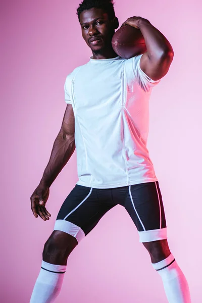 Confident African American Sportsman Holding Rugby Ball While Posing Camera — Stock Photo, Image