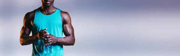 Cropped View Muscular African American Sportsman Holding Sports Bottle Grey — Stock Photo, Image