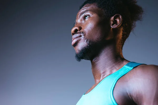 Handsome Confident African American Sportsman Looking Away Grey Background Lighting — Stock Photo, Image