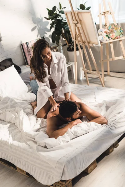 Sexy Couple Lying Bed While Girl Sitting Back Shirtless Man — Stock Photo, Image