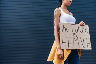 yazıt ile yazılı pankart tutan kol mükemmel kelime ile feminist kırpılmış görünümü gelecek kadın
