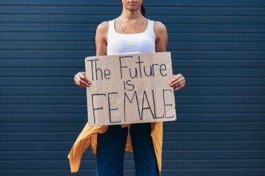 cropped view of feminist holding placard with inscription the future is female clipart