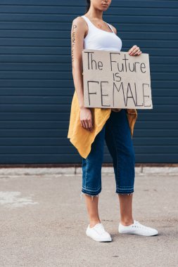 cropped view of feminist with word perfect on arm holding placard with inscription the future is female clipart