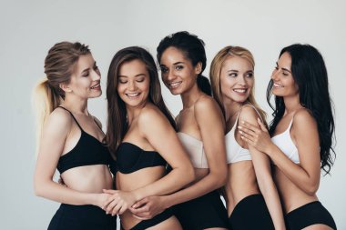 five sexy multiethnic young women in underwear embracing and smiling isolated on grey clipart
