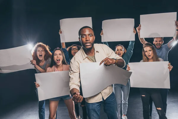 Selective Focus Shocked African American Man People Blank Placards Black — Stock Photo, Image