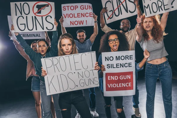 Emotional Multicultural People Screaming While Holding Placards Lettering Black — Stock Photo, Image